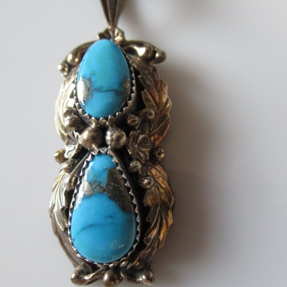 Vintage Native American Turquoise Pendant Sterling Silver Iron Pyrite Matrix - Picture 3 of 9